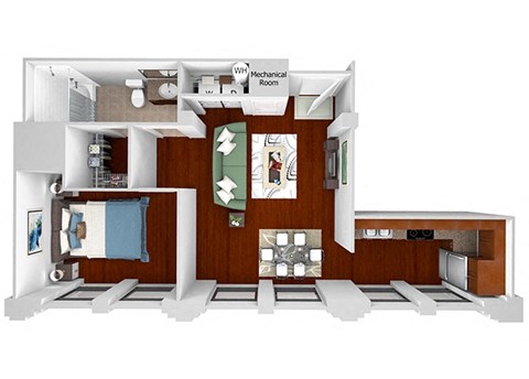 Floor plan for 1 bed, 1 bath, 736 sqft